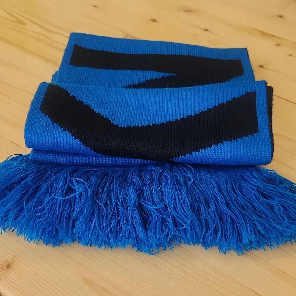DKNY Womens BOLD Logo Fringe Scarf Wrap Black Blue One Size - Picture 9 of 12